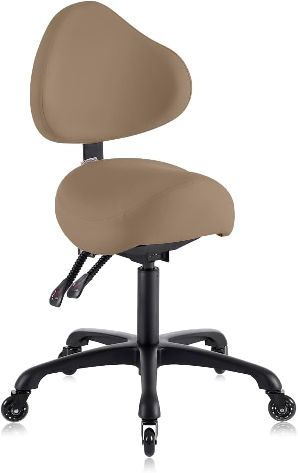 Pneumatic Swivel Rolling Saddle Chair with Wheels and Ergonomic Back Support for Hair Stylist, Dental Hygienist, Hygienic Clinic, Spa, Massage, Home, Office - 510 KOA (Tan, Standard)