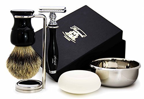 Haryali London, set completo da barba bagnato da uomo, 4 pezzi: rasoio di sicurezza a doppio taglio, pennello da barba in tasso con punta argentata, ciotola in acciaio inossidabile e sapone da barba.