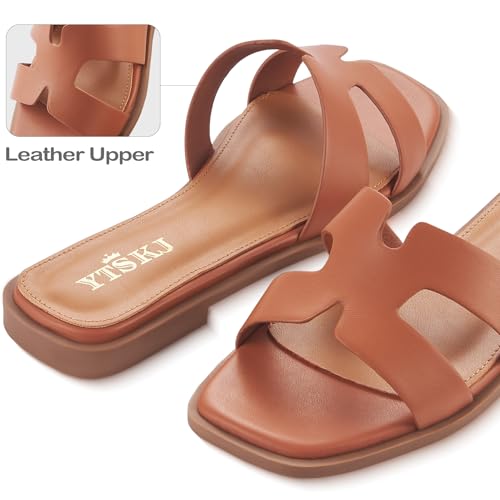 YTSKJ Sandals for Women Dressy Comfortable Flat Open Toe Casual Cute Trendy Shoes Soft Faux Leather Slip On Ladies Slides for Summer Brown Size 9 by YTSKJ - Used condition - Image 5