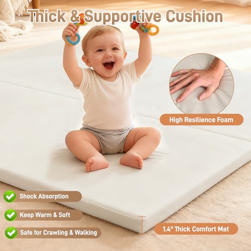 Image of Baby Play Mat for Floor 1.4 inch Thick Memory Foam 50x50 Playpen Mat for Toddlers Infant Kids with Non-Slip Backing Safe for Crawling, Water-Repellent Leather for Tummy Time, Tatami Style(Grey)