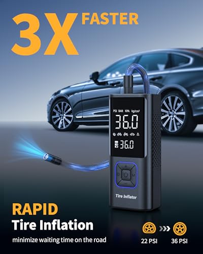 Image of Powools Cordless Tire Inflator 150PSI Portable Air Compressor with Auto Shutoff, Air Pump for Car Tires, Motorcycle, Bike, Balls, Inflatables, LED Light, Blue, Large Capacity