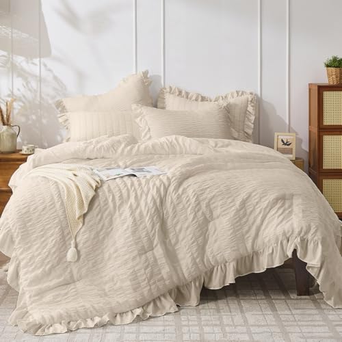 JOLLYVOGUE Beige Twin Size Comforter Set, 2 Pieces Seersucker Lightweight Fluffy Bedding Set, Twin Ruffle Comforter, All Season Soft Microfiber Shabby Chic Bed Set