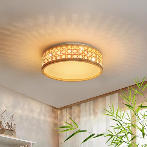 LED-taklampa bambu taklampa rund 25 W trä taklampa 30 cm vintage bambu rotting sovrum 3 000 K handvävd bambu lampa korridor vardagsrum matsal varmt ljus