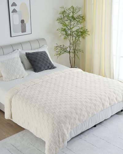 Uttermara Sherpa Fleece Weighted Blanket Full Size(12lbs, 48" x 72", Cream White), 3D Jacquard Checkered Warm Sherpa Heavy Blanket for Adults, Soft Fuzzy Weighted Blankets for Couch Bed Sofa