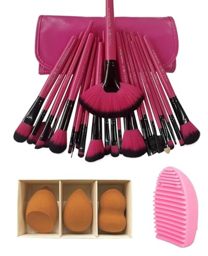 Image of Puna Store Combo Set of 24 Piece Premium Synthetic Makeup Set (PINK) with 3pc Makeup Blender Set, Makeup Brush Cleaning Egg, Cruelty-Free Vegan Brushes, Kabuki Foundation, Eye Shadow Blending, Face Pack, Contouring, Highlighting