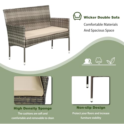 Image of PayLessHere Outdoor Furniture Set 4 Pcs Modular Patio Furniture Set Water Resistant Conversation Set with 3 Rattan Chairs 1 Tempered Glass Topped Table for Patio Poolside, Gray Wicker /Khaki Cushions