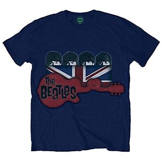 Rock Off The Beatles Blue Guitar & Flag Officiel T-Shirt Hommes Unisexe - Les Beatles, Paul McCartney, John Lennon, RIngo Starr, George Harrison