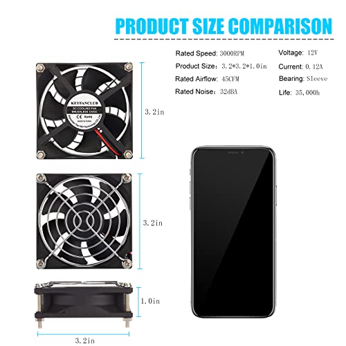 2-Pack 80mm x 25mm DC 12 Volt Fans 2-Pin Brushless Replacement Cooling Fan