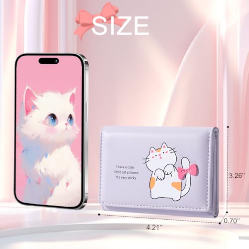 Cute Cat Print Wallet for Girls Small Wallet with ID Credit Card Holder for Women (PURPLE)3