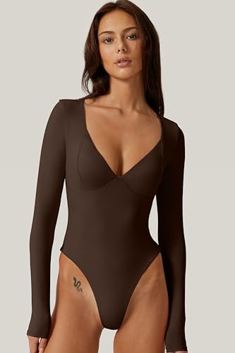 QINSEN Women's Long Sleeve Bodysuit V Neck Body Suits Seamed Cup Going Out Tops Shirt3
