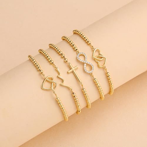 Gold Beaded Bracelets for Women, Dainty 14K Gold Plated Beaded Charm Bracelets for Women Trendy Gold Ball Stretch Bracelets Non Tarnish Fashion Jewelry for Women Cute Gifts Adjustable 7