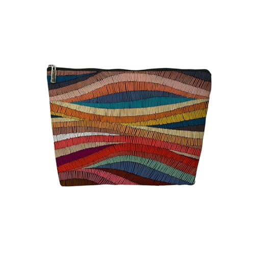 Nihilform Retro Colorful Wavy Makeup Bag, Vintage Mosaic Stripe Cosmetic Pouch, Retro Aesthetic Zipper Bag for Travel & Daily Use, Gift for Mom, Wife & Retro Fashion Friends,10x7 Inch