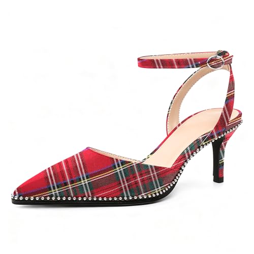 SAMMITOP Womens Red Plaid Short Heels Closed Pointed Toe Ankle Strap Strappy Heels Low Heel Beaded Pumps Shoes Dressy Wedding Party 2.4 Inch Size 9.5