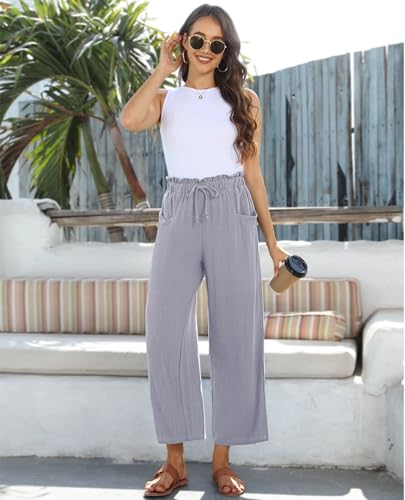 Image of siliteelon Wide Leg Linen Pants for Women Summer Capri Palazzo Flowy Pants Casual Loose High Waist Trousers with Pockets
