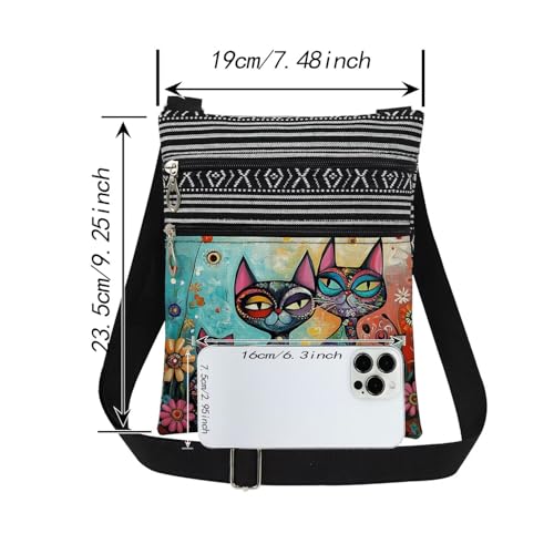 Geometric Floral Cat Print Women Crossbody Bag Adjustable Unisex Shoulder Bag with Zipper Closure Artistic Gift for Birthdays & Festive Celebrations Men Outdoor Travel Cat Purse2