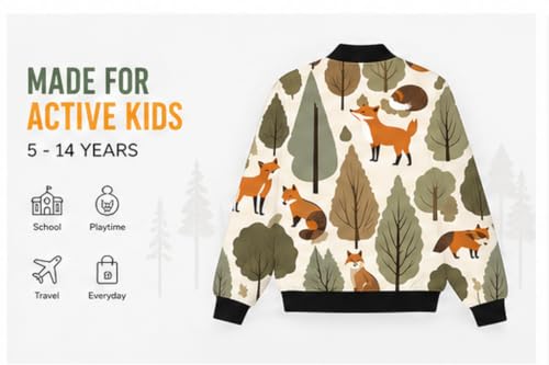 Image of Tiny Sprouts Kids Jacket | JungleFox Theme | Warm Quilted Fleece | Unisex | Ages 5-14