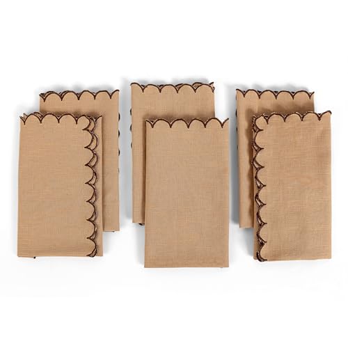 Image of FINGERCRAFT Scallop Edge Cloth Napkins | Set of 6 | 20x20 Inches | 100% Cotton | Table Napkins for Any Occasion | Washable, Perfect for Parties and Everyday Use (Brown Slub, Set of 6)