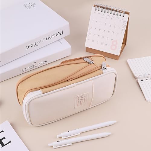 Image of iSuperb Large Capacity Zipper Pencil Case Pen Pouch Bag Office Student Canvas Stationery Bag Case (Khaki)