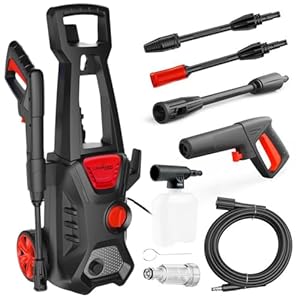 LEHMANN Jukon Nettoyeur Haute Pression, 1600 W, Max. 200 Bar, Débit 480 l/h, Tuyau Haute Pression de 5 m, Pistolet, Lances et Une Lance à Mousse, Idéal pour Maison, Jardin et Voiture