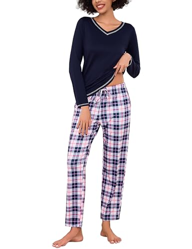 Bresdk Schlafanzüge für Damen Pyjama Baumwolle Winter Schlafanzug Damen Lang Nachtwäsche Karierte Pijamas mit V-Ausschnitt Pyjama Set Zweiteilige...