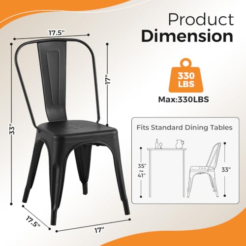 Image of Metal Dining Chairs with Backrest, Stackable, Matte Black, 12 Pack | Easy Assembly, Non-Slip Feet, 330 lb Capacity, Kitchen, Restaurant, Cafe, Pub, Covered Patio