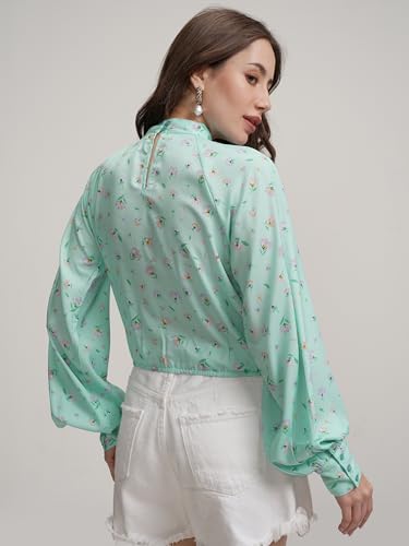 Image of Tokyo Talkies Women's Floral Print Blouson Top | High Neck | Cuffed Sleeves | Feminine & Elegant | Perfect for Work, Brunch & Casual Chic | Tops for Woman | Women Tops | Stylish Top