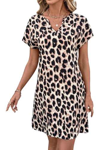 SweatyRocks Blusenkleid Damen Sommer Midi Shirtkleid Sommerkleid Knielang Leoparden Kleid Strandkleid Luftig Tunikakleid Leo Tshirt Kleid V...