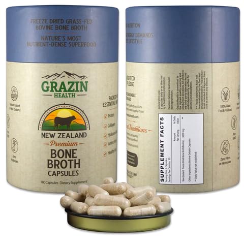 GRAZIN HEALTH Bone Broth Capsules and Bone Broth Pills 3000mg Serving Grass Fed Bovine Bone Marrow and Bone Matrix Living Bone and Marrow Supplement New Zealand Source Made in USA