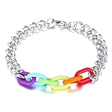 Skcess Friendship Bracelet for Men Silver, Link Bracelets Acrylic Rainbow Bracelet Gay Stainless Steel Braclets for Men 20.5cm