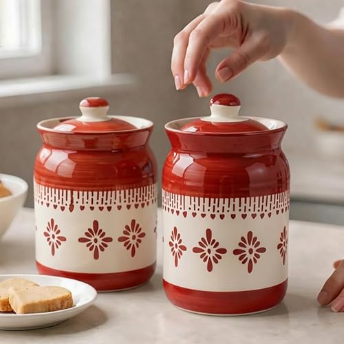 Image of Orange Jhalar Ceramic Handglazed Pickle Jars Set of 2-1000 ML Each | 1 kg Achaar Martban Barni Jar with Lid | Ceramic Storage Jar Container Pickle /Achar, Chatney