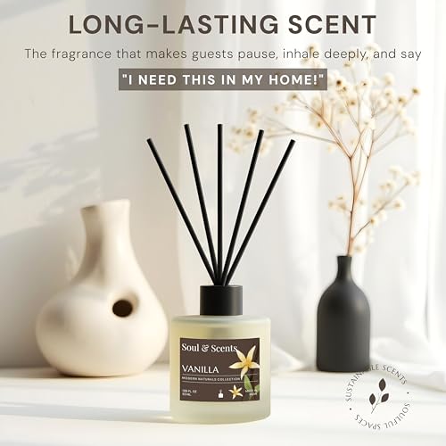 Image of Soul & Scents 50ml Vanilla Reed Diffuser Set | Blend of Toasted Coconut, Vanilla & Musk | Get 5 Rattan Reed Sticks | Smoke Less Room Freshener for Home, Bedroom, Living Room & Office