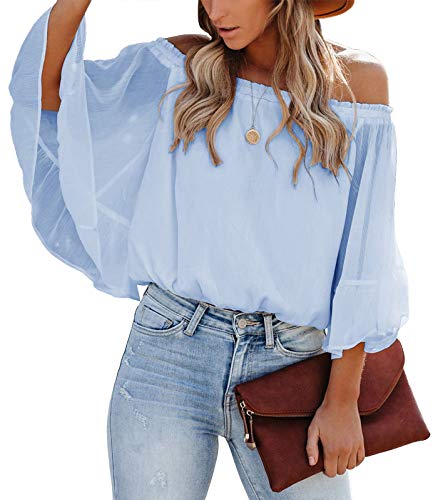 SENSERISE Womens Off The Shoulder Tops Casual Loose Chiffon Bell Sleeve Blouse Shirts(Light Blue,2XL)