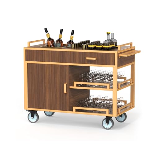 CrazyAnt Vintage Bar Cart with Wheels, Rolling Wine Cart with 3 Tier Wood Shelves and Metal Frame...