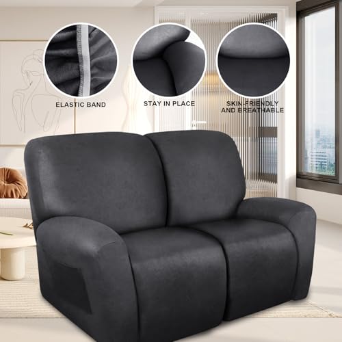Image of ANARACHON Loveseat Recliner Cover Leather Look Recliner Loveseat Covers Recliner Sofa Cover for 2 Seater Reclining Couch Spandex Fabric Washable 6 Pieces (2 Seater, 01 Dark Gray)
