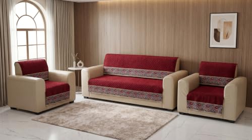 Image of KINGLY Sofa Cover 5 Seater 3+1+1 Velvet Full Cover - Maroon | Fully covered quilted velvet slipcover, washable anti-slip thick furniture protector for 3+1+1 living room sofa