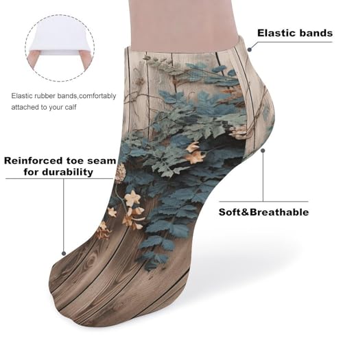 Leaves Floral on Rustic Wood Ankle Socks for Men & Women, 5 Pairs Breathable Soft Low Cut Socks, Stretch Sweat Wicking Sox3