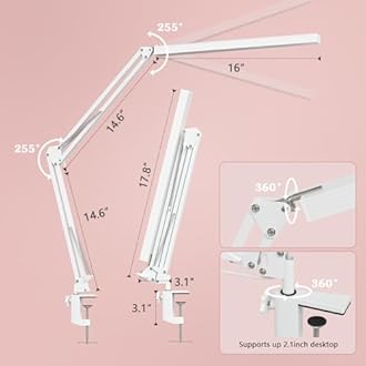 BZBRLZ LED Desk Lamp, Manicure Table Lamp, 16" Lamp Head, Dimmable Eye-Caring Drafting Light with 3 Color Modes, 10 Brightness Levels & Adapter, Memory Function(White)