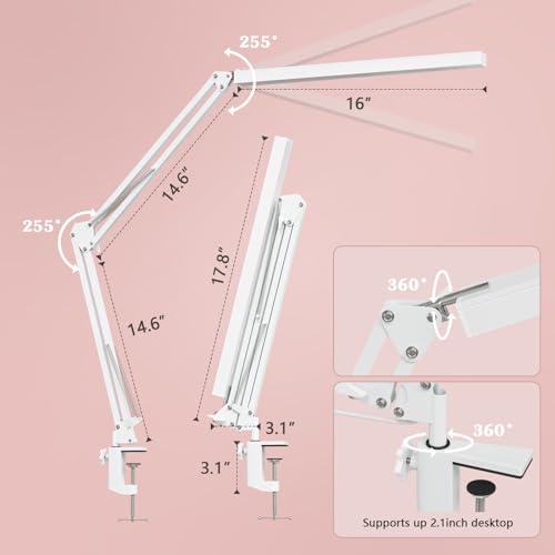 BZBRLZ LED Desk Lamp, Manicure Table Lamp, 16" Lamp Head, Dimmable Eye-Caring Drafting Light with 3 Color Modes, 10 Brightness Levels & Adapter, Memory Function(White)