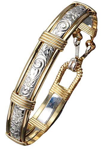 Handmade 14k Gold Filled and Sterling Silver Flowers & Spirals Wire Wrapped Bangle Bracelet - Gold Filled Bracelets For Women