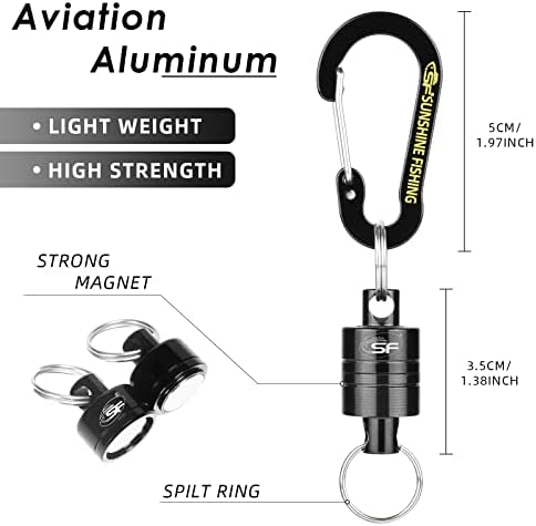 SF Strongest Magnetic Net Release Magnet Clip Holder for Fly Fishing Landing Net Retractor with Coiled Lanyard Carabiner