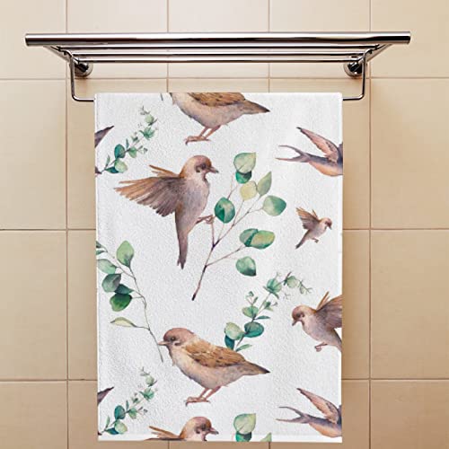 Tsingza Hand Towels Set Of 2 Spring Eucalyptus Birds Soft Bath Towels Decorative Fingertip Towels Bathroom Watercolor Sparrow Leaves Absorbent Dish Towels For Kitchen Gym Spa Sports 30X15 Inch #TOP3