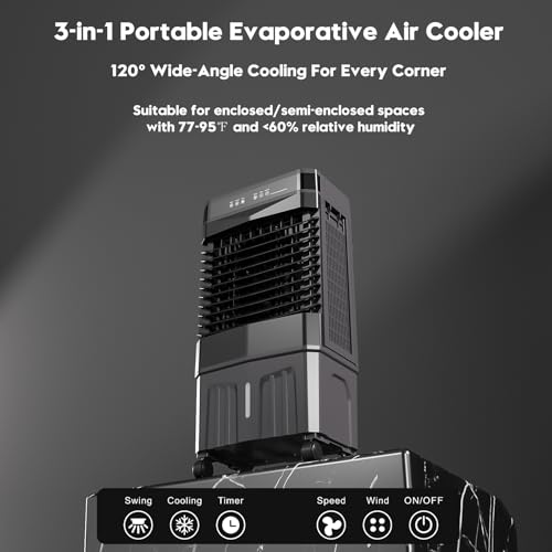Auertech Evaporative Air Cooler, 1800 CFM Swamp Cooler with 5.3 Gal Water Tank & 6 Ice Packs, 3 Modes & 3 Speeds, 120° Oscillation, 12H Timer, Portable Air Cooling Fan for Bedroom, Home, Office