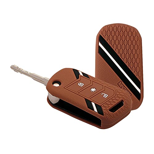 Image of keyzone Striped Silicone Car Key Cover Compatible For Mahindra Thar Roxx, Xuv3Xo, Scorpio-N, Xuv700, Thar,Xuv400, Xuv300, Bolero NEO, Marazzo, 3 Button Flip(Brown)