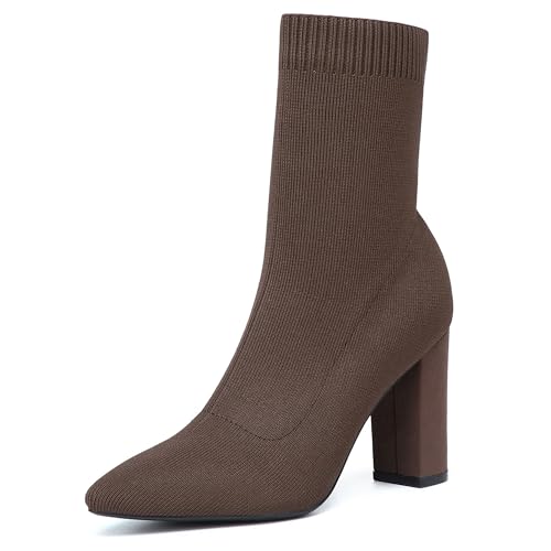 NEWBELLA MOUSSE FIT Women’s Minimalist Pointed Toe Chunky Heeled Ankle Boots (Coffee, Adult, Women, 9, Numeric, US Footwear Size System, Medium)