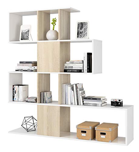 Azard, Zig-Zag, Libreria con 4 mensole, Bianco (Bianco/Beige), 145 x 29 x 145 cm