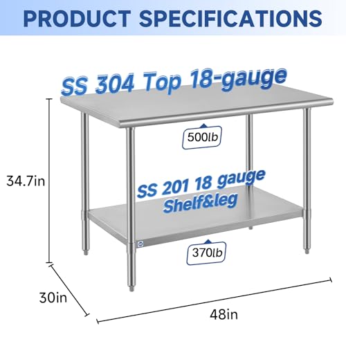 Image of ROCKPOINT SS304 Top All Stainless Steel Table for Prep & Work 30x48 Inches, NSF Commercial Kitchen Heavy Duty Table with Adjustable Undershelf for Restaurant,Kitchen, Home and Hotel