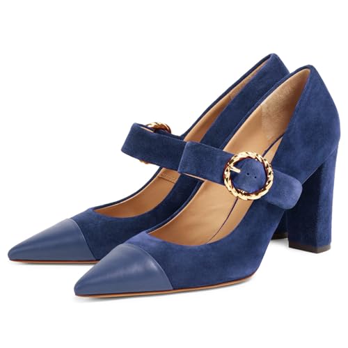 Women's Block Heel Pointed Closed Toe Mary Jane Shoes with Buckle Fashion Suede Cap Toe Pumps Comfortable Office Wedding Dance Party Dress High Heels for Women