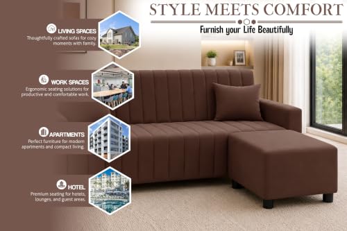 Image of Amazon Brand - Solimo 3 Seater Wooden Sofa with Ottoman | Velvet Fabric Sofa Set for Living Room | Comfortable Cushioned Couch with Footstool | Stylish Home Furniture-Brown