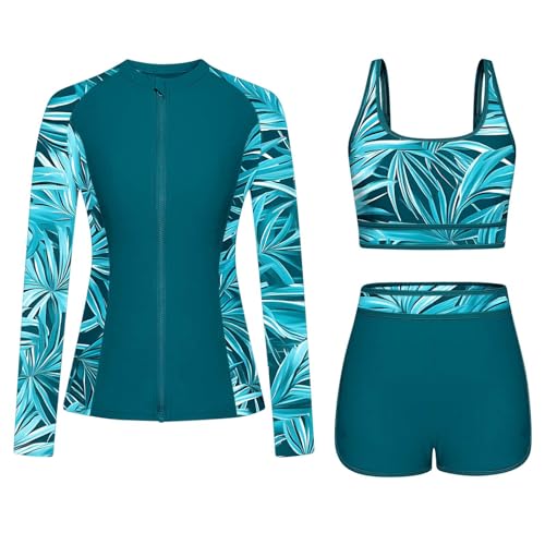 Traje de baño de 3 piezas para mujer, con protección UV UPF 50+, manga larga, cremallera, conjunto modesto, protección solar, camiseta de natación