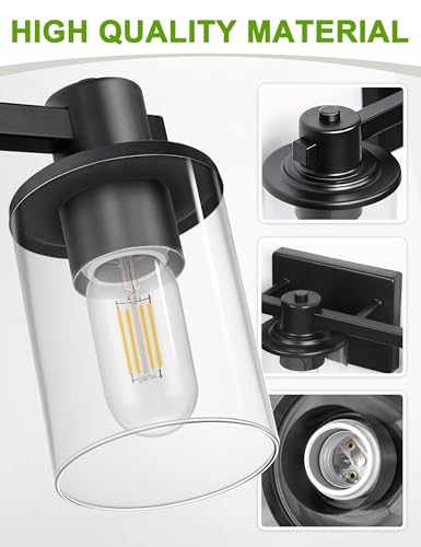 Image of L LOHAS LED 3-Light Black Bathroom Light Fixtures Over Mirror, Modern Matte Black Vanity Light with Clear Glass Shade, Vanity Lights for Bathroom Bedroom Hallway
